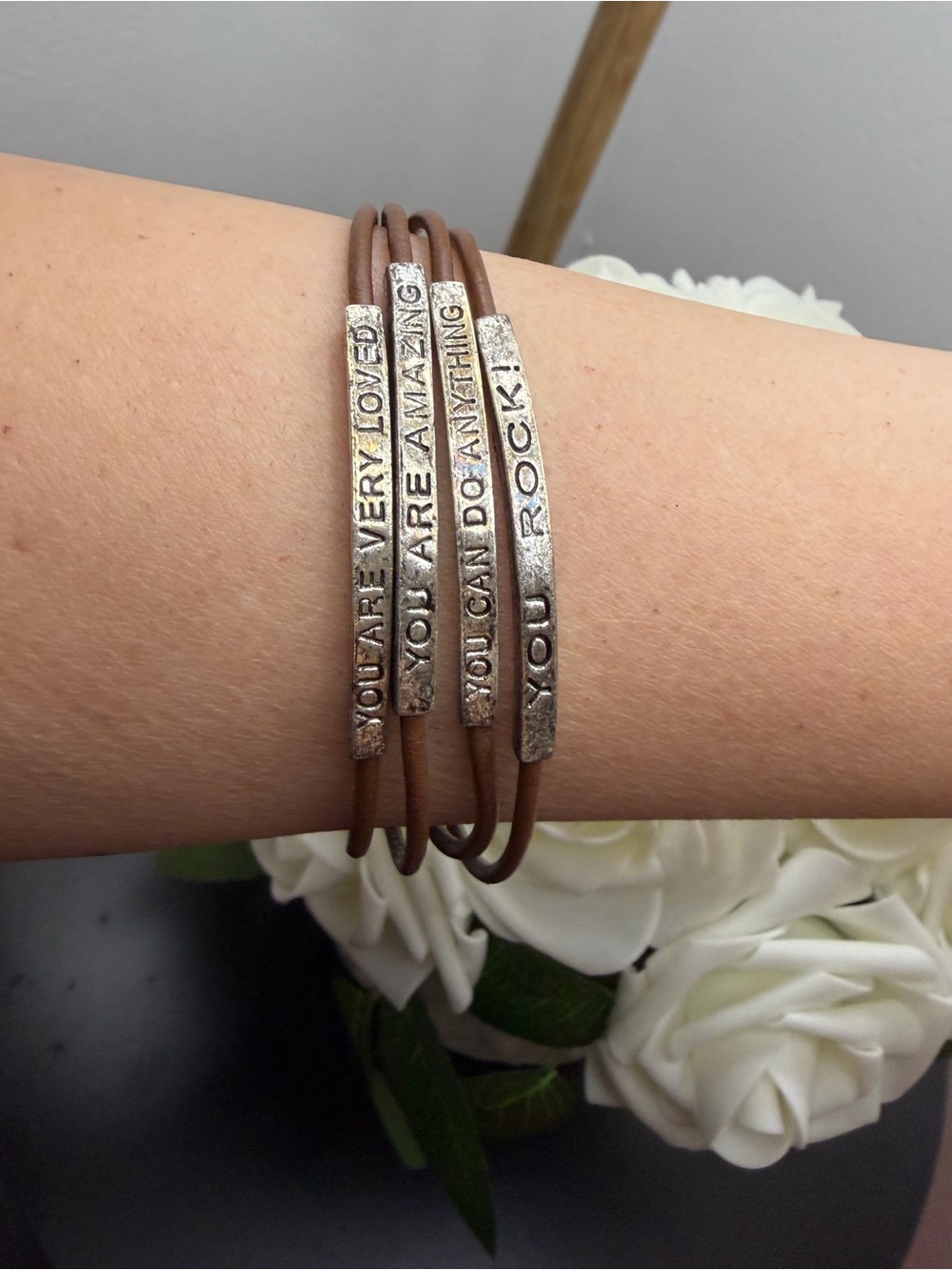 Inspirational Brown Leather Multi-Strand Bracelet with Silver Tone Bars